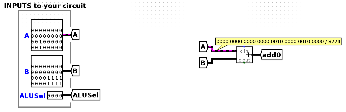 Clicking on wires inside alu.circ to debug.