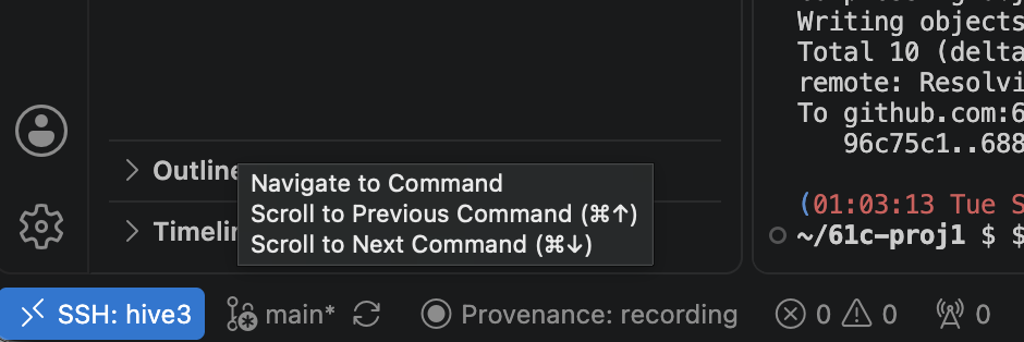 VS Code status bar showing "SSH: hive3" and "Provenance: recording"